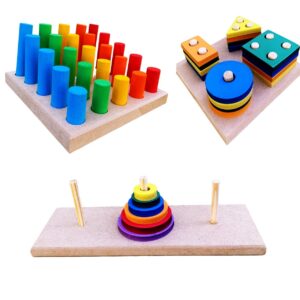 Kit 3 Brinquedo Pedagógico Torre De Hanói Pinos Formas !!