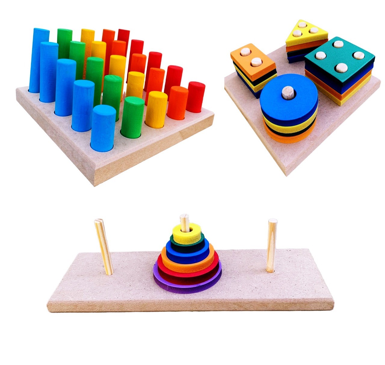Kit 3 Brinquedo Pedagógico Torre De Hanói Pinos Formas !!
